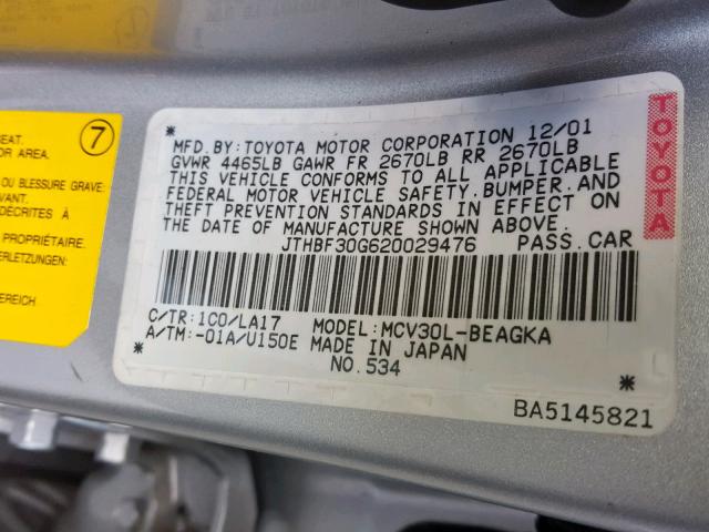 JTHBF30G620029476 - 2002 LEXUS ES 300 SILVER photo 10