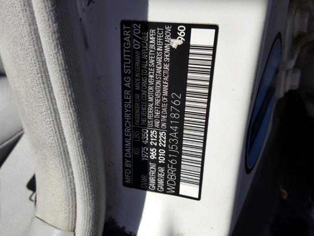 WDBRF61J53A418762 - 2003 MERCEDES-BENZ C 240 WHITE photo 10