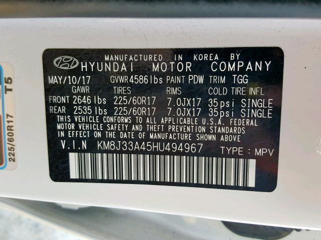 KM8J33A45HU494967 - 2017 HYUNDAI TUCSON LIM WHITE photo 10