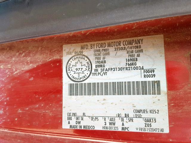 3FAFP3130YR210034 - 2000 FORD FOCUS ZX3 RED photo 10