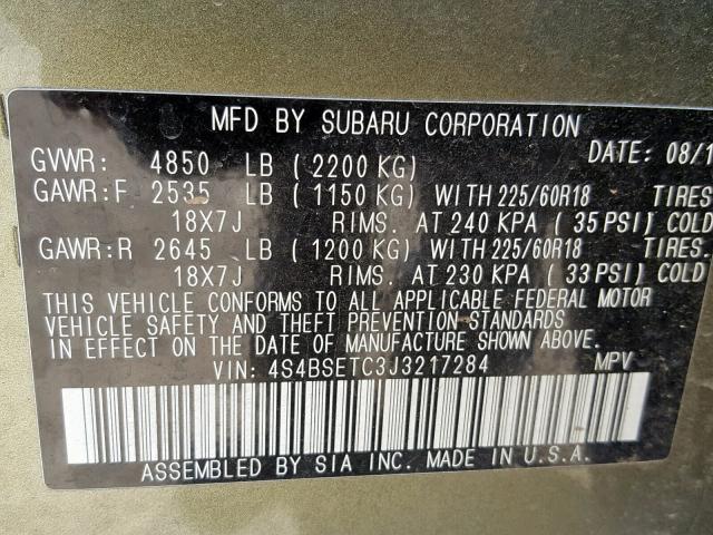 4S4BSETC3J3217284 - 2018 SUBARU OUTBACK TO GREEN photo 10