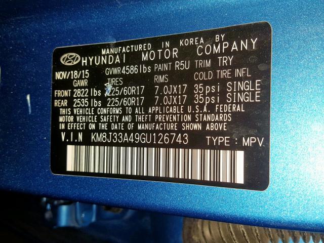 KM8J33A49GU126743 - 2016 HYUNDAI TUCSON LIM BLUE photo 10