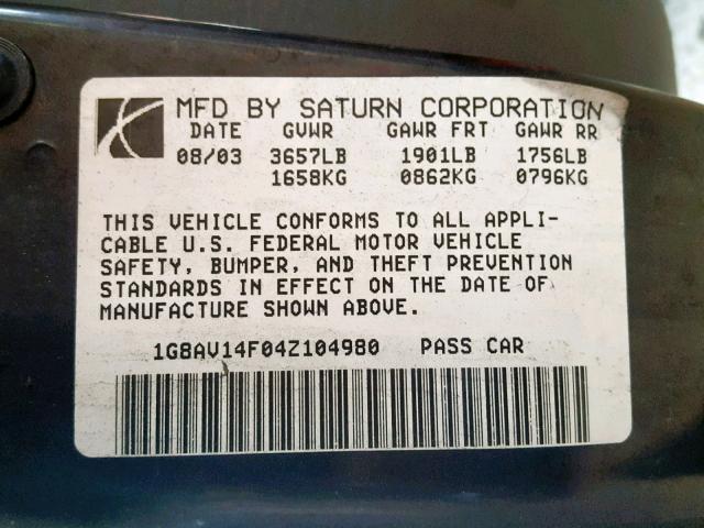 1G8AV14F04Z104980 - 2004 SATURN ION LEVEL RED photo 10