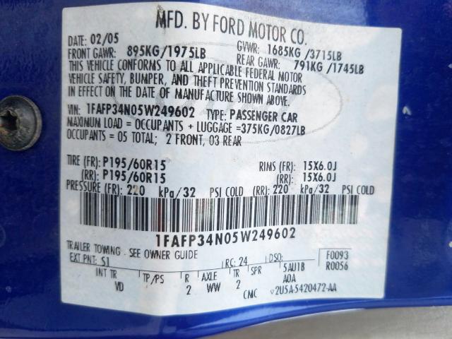 1FAFP34N05W249602 - 2005 FORD FOCUS ZX4  photo 10