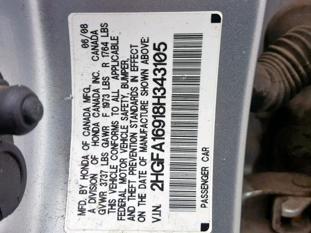 2HGFA16918H343105 - 2008 HONDA CIVIC EXL SILVER photo 10