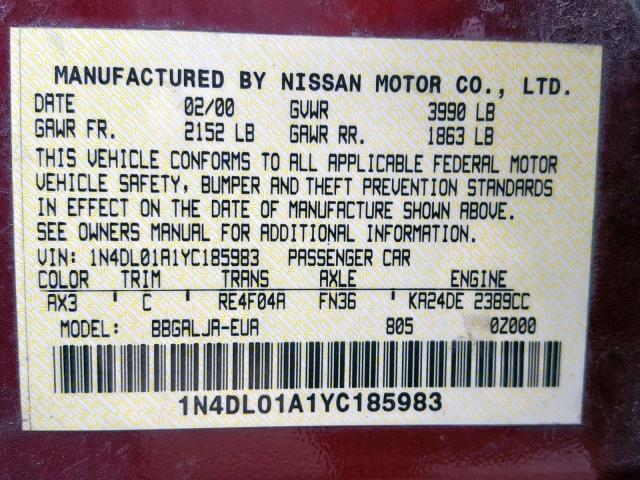 1N4DL01A1YC185983 - 2000 NISSAN ALTIMA XE MAROON photo 10