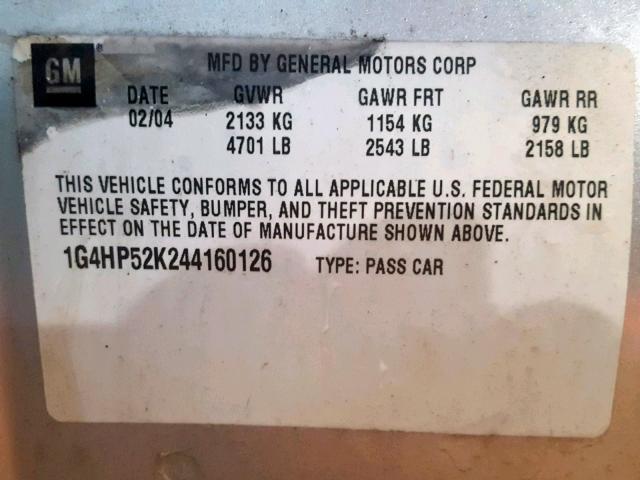 1G4HP52K244160126 - 2004 BUICK LESABRE CU SILVER photo 10