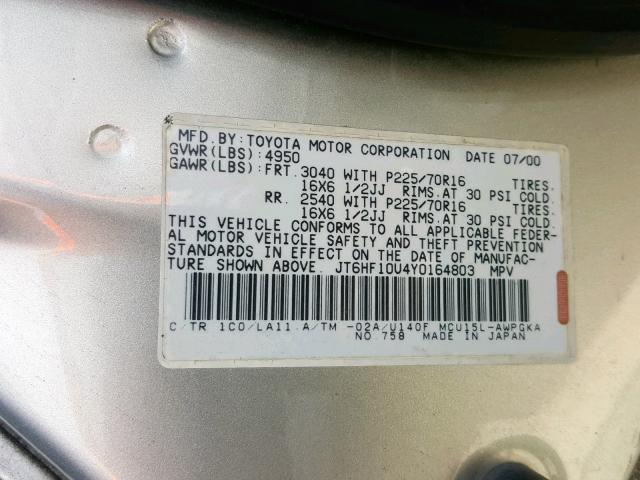 JT6HF10U4Y0164803 - 2000 LEXUS RX 300 SILVER photo 10