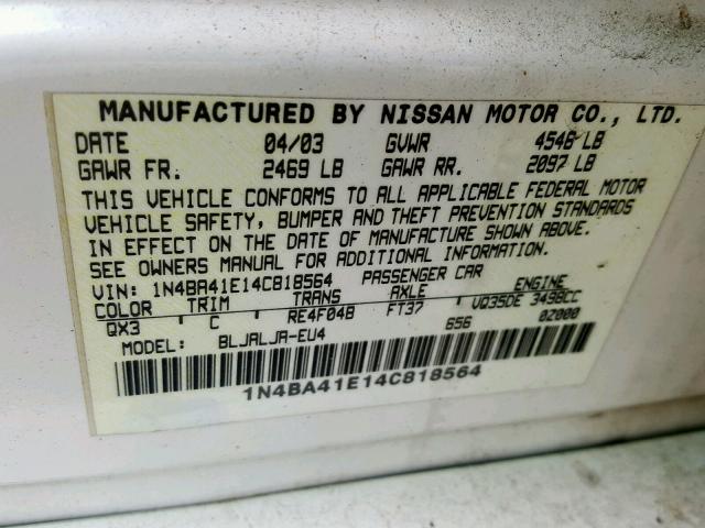 1N4BA41E14C818564 - 2004 NISSAN MAXIMA SE WHITE photo 10