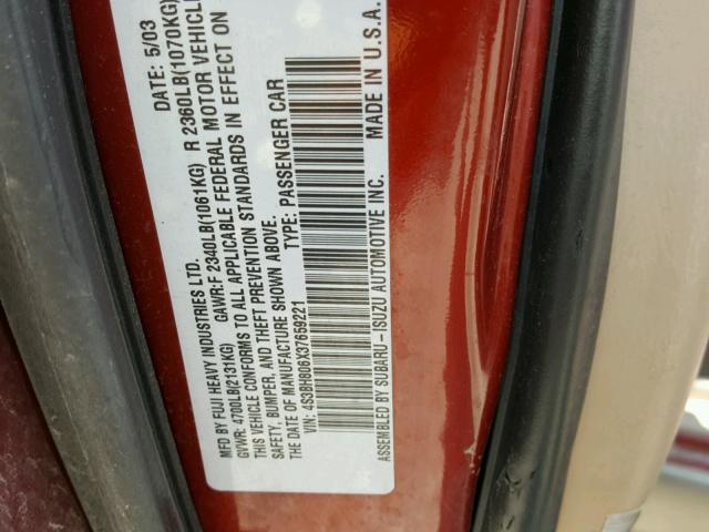 4S3BH806X37659221 - 2003 SUBARU LEGACY OUT RED photo 10