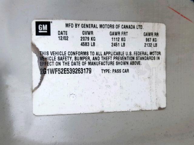 2G1WF52E539263179 - 2003 CHEVROLET IMPALA WHITE photo 10