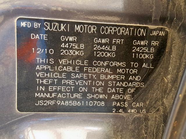 JS2RF9A85B6110708 - 2011 SUZUKI KIZASHI SP GRAY photo 10