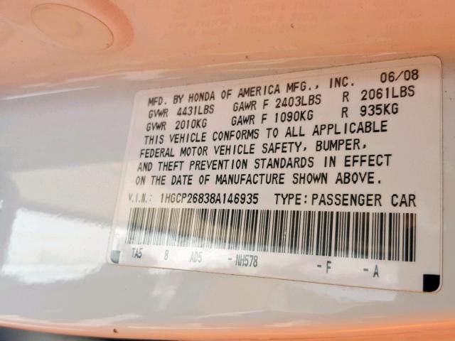 1HGCP26838A146935 - 2008 HONDA ACCORD EXL WHITE photo 10