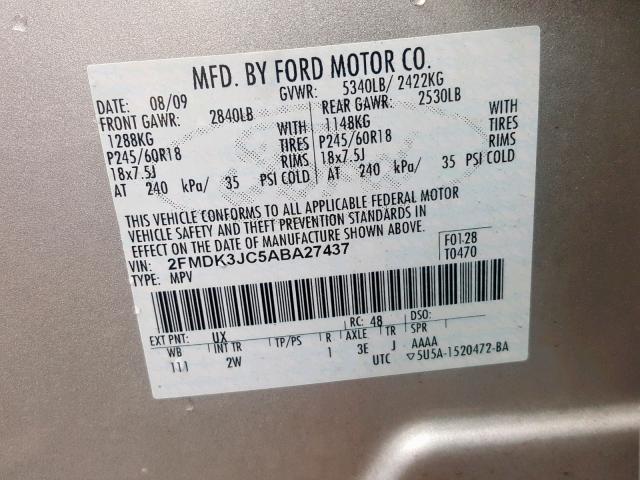 2FMDK3JC5ABA27437 - 2010 FORD EDGE SEL SILVER photo 10