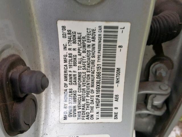 1HGFA169X8L066151 - 2008 HONDA CIVIC EXL SILVER photo 10