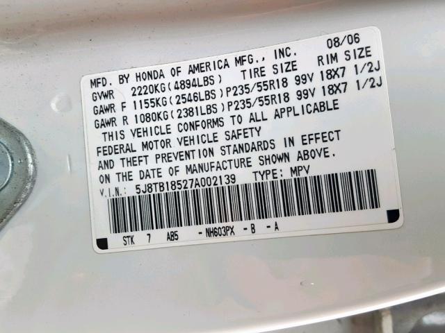 5J8TB18527A002139 - 2007 ACURA RDX TECHNO WHITE photo 10