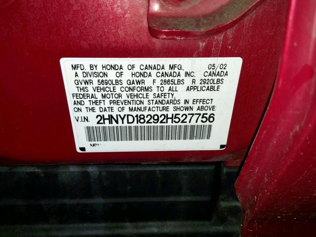 2HNYD18292H527756 - 2002 ACURA MDX MAROON photo 10