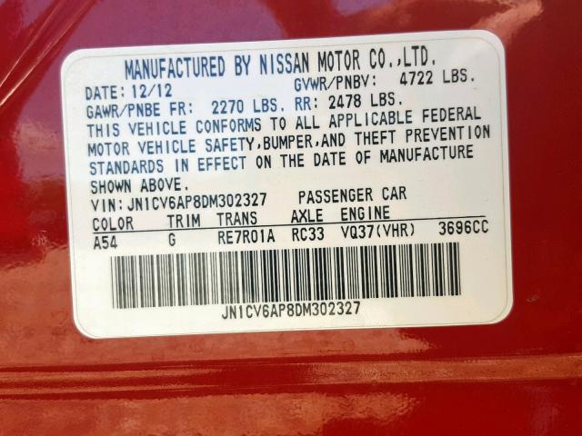 JN1CV6AP8DM302327 - 2013 INFINITI G37 BASE RED photo 10