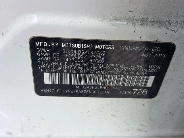 ML32A3HJ4EH013642 - 2014 MITSUBISHI MIRAGE DE WHITE photo 10