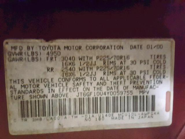 JT6GF10U4Y0059755 - 2000 LEXUS RX 300 BURGUNDY photo 10