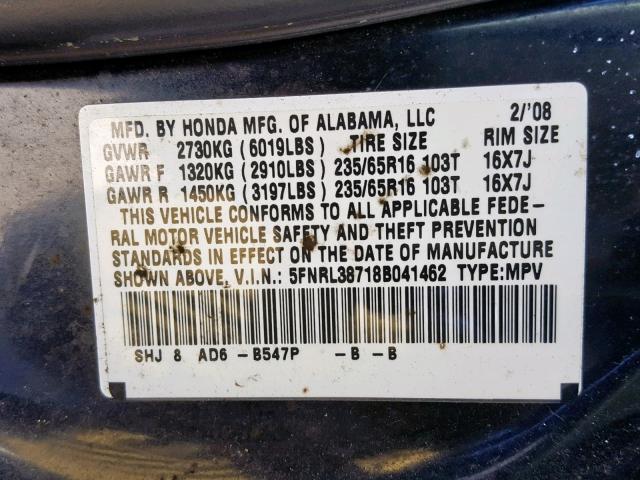 5FNRL38718B041462 - 2008 HONDA ODYSSEY EX BLUE photo 10