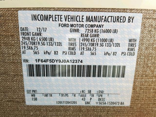 1F64F5DY9J0A12374 - 2018 FORD F53 WHITE photo 10