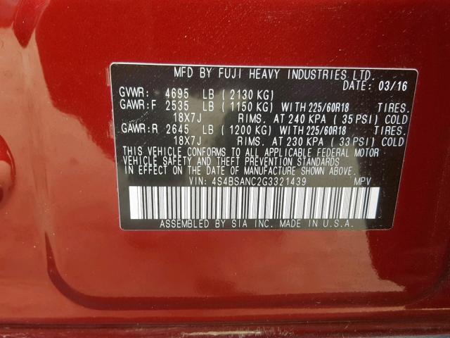 4S4BSANC2G3321439 - 2016 SUBARU OUTBACK 2. RED photo 10