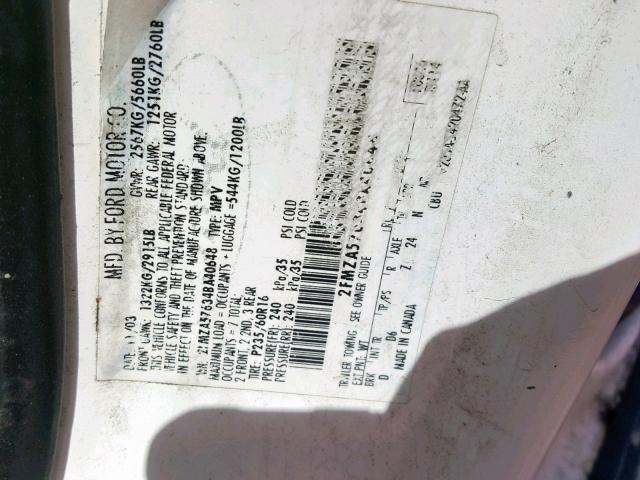 2FMZA57634BA40648 - 2004 FORD FREESTAR S WHITE photo 10