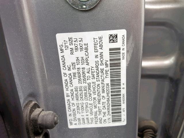 2HKRW2H84JH620334 - 2018 HONDA CR-V EXL GRAY photo 10