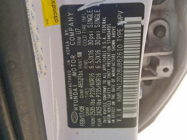 KM8JN12D28U882610 - 2008 HYUNDAI TUCSON SE WHITE photo 10