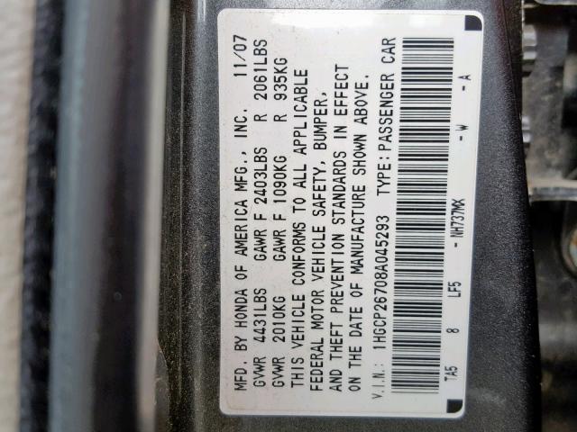 1HGCP26708A045293 - 2008 HONDA ACCORD EX GRAY photo 10