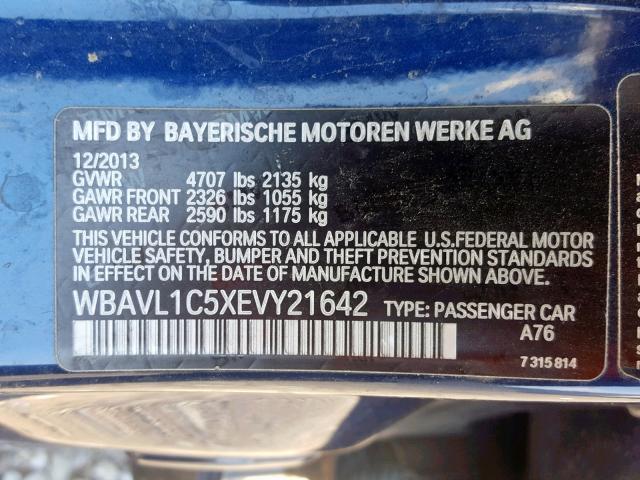 WBAVL1C5XEVY21642 - 2014 BMW X1 XDRIVE2 BLUE photo 10