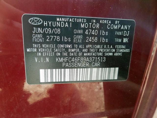 KMHFC46F89A371513 - 2009 HYUNDAI AZERA SE  photo 10