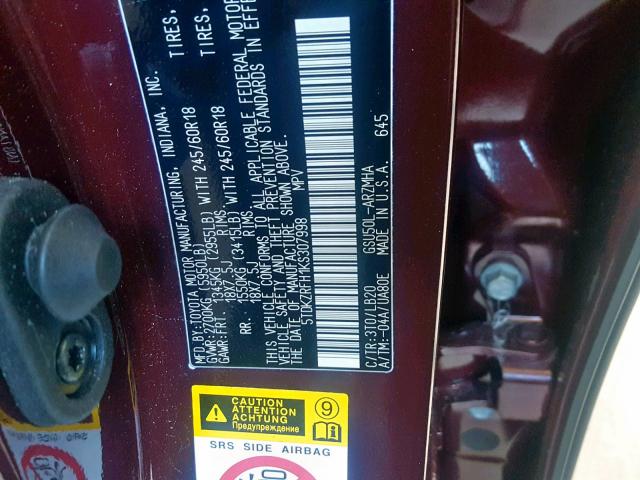 5TDKZRFH1KS307998 - 2019 TOYOTA HIGHLANDER BURGUNDY photo 10