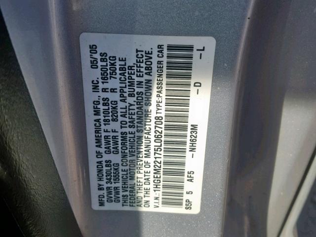 1HGEM22175L062708 - 2005 HONDA CIVIC DX V SILVER photo 10