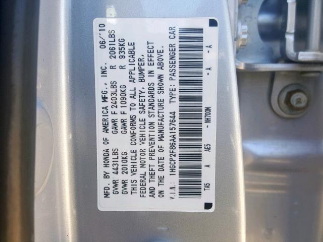 1HGCP2F86AA157644 - 2010 HONDA ACCORD EXL SILVER photo 10