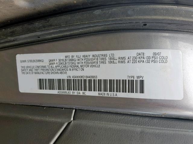 4S4WX96D184409953 - 2008 SUBARU TRIBECA GRAY photo 10