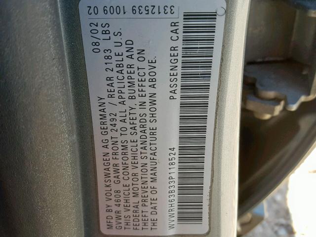 WVWRH63B33P118524 - 2003 VOLKSWAGEN PASSAT GLX GRAY photo 10