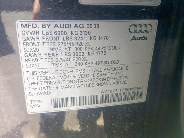 WA1BV74L88D069508 - 2008 AUDI Q7 4.2 QUA BLACK photo 10