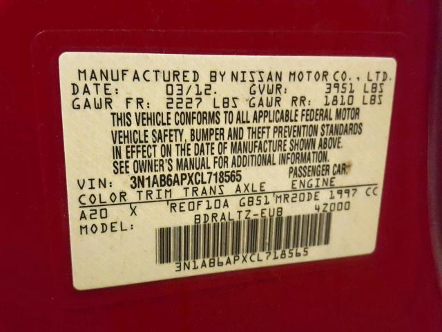 3N1AB6APXCL718565 - 2012 NISSAN SENTRA 2.0 RED photo 10