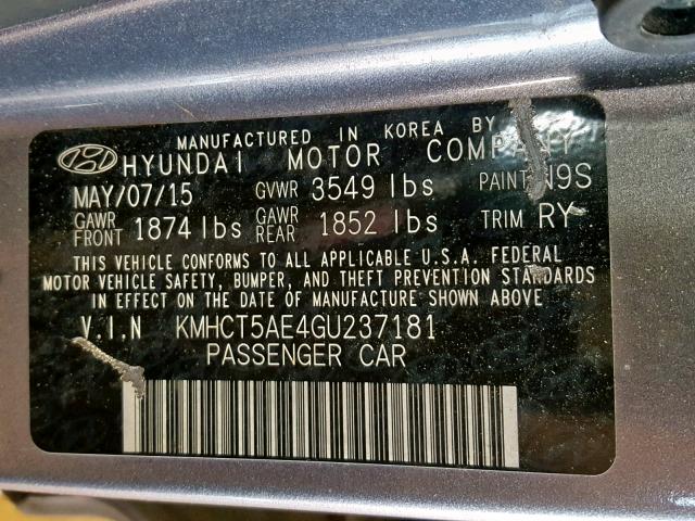 KMHCT5AE4GU237181 - 2016 HYUNDAI ACCENT SE GRAY photo 10