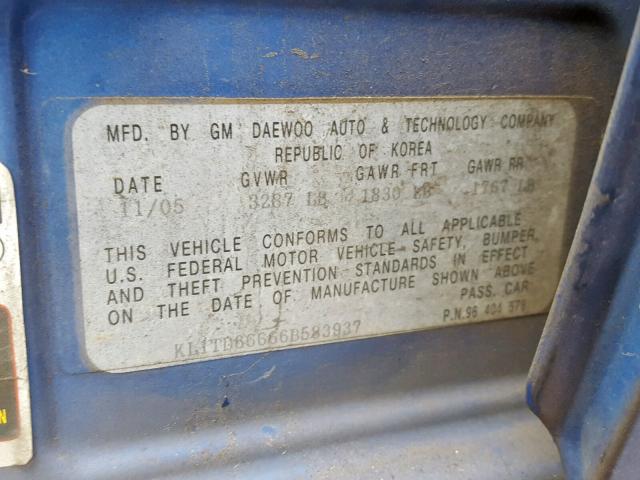 KL1TD66666B583937 - 2006 CHEVROLET AVEO BASE Mavi foto 10