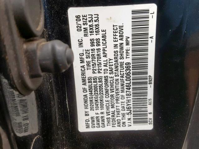 5J6YH18746L006369 - 2006 HONDA ELEMENT EX BLACK photo 10