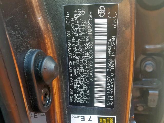 JTDKARFP0H3001982 - 2017 TOYOTA PRIUS PRIM 灰色 照片 10