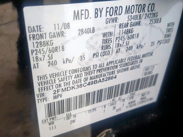 2FMDK38C49BA52864 - 2009 FORD EDGE SEL BLACK photo 10