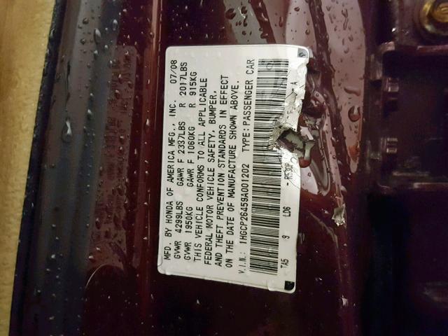 1HGCP26459A001202 - 2009 HONDA ACCORD LXP BURGUNDY photo 10