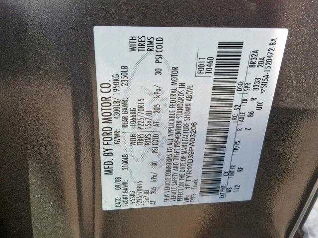 1FTYR10D39PA03206 - 2009 FORD RANGER GRAY photo 10