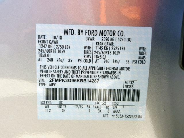 2FMPK3G96KBB14287 - 2019 FORD EDGE SE SILVER photo 10