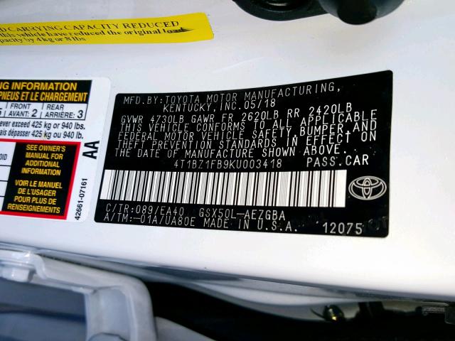 4T1BZ1FB9KU003418 - 2019 TOYOTA AVALON XLE WHITE photo 10