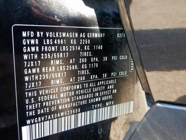 WVGBV7AX0AW523558 - 2010 VOLKSWAGEN TIGUAN SE BLACK photo 10